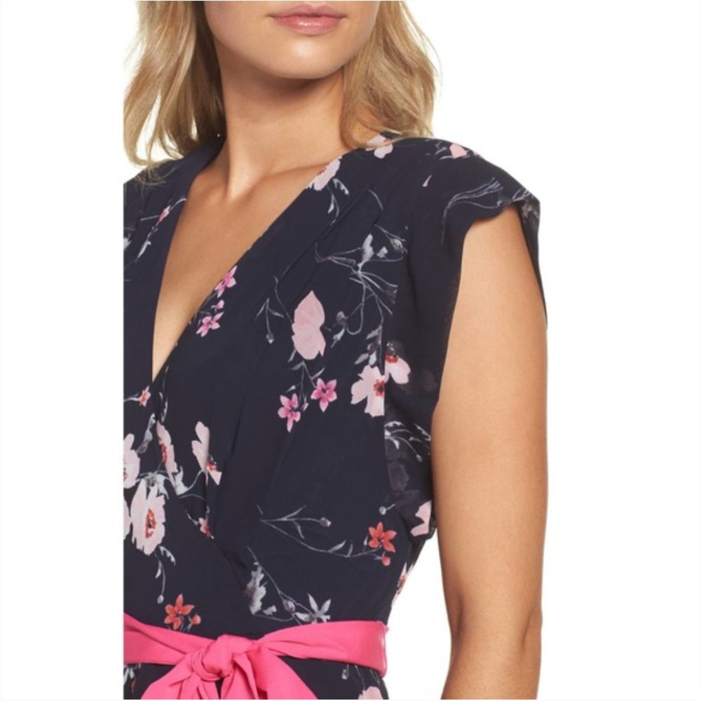 Eliza J Hi-Low Faux Wrap Belted Floral Navy Pink Maxi Dress | 2 - Picture 2 of 13